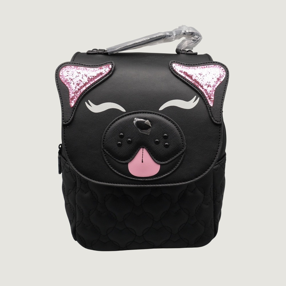 Betsey Johnson Pug Mini Backpack Black Quilted Heart Pink Glitter Dog Novelty